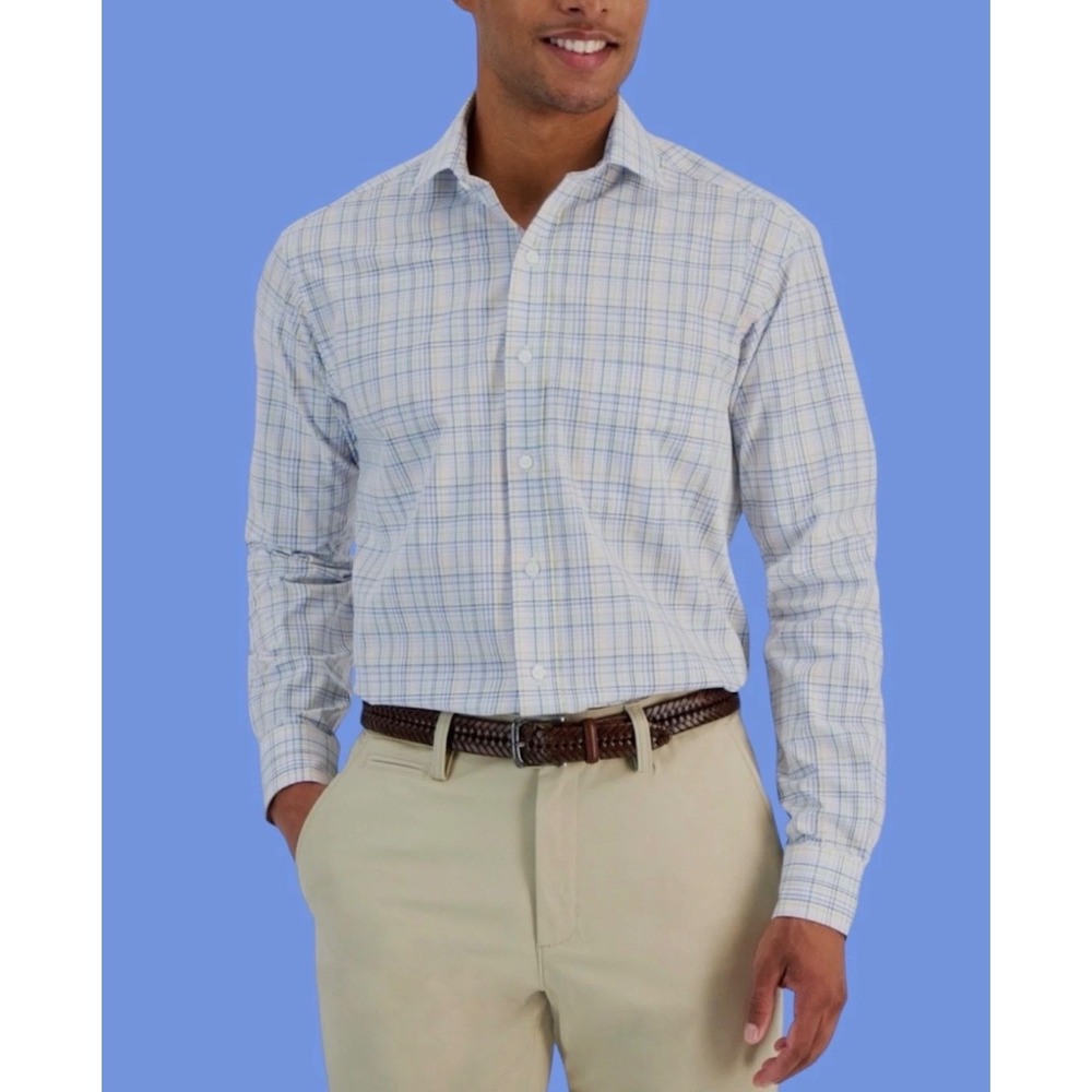 Club Room Men's Regular Fit Aldo Plaid Dress Shirt Yellow Blue SIZE 17 1/2 34-35